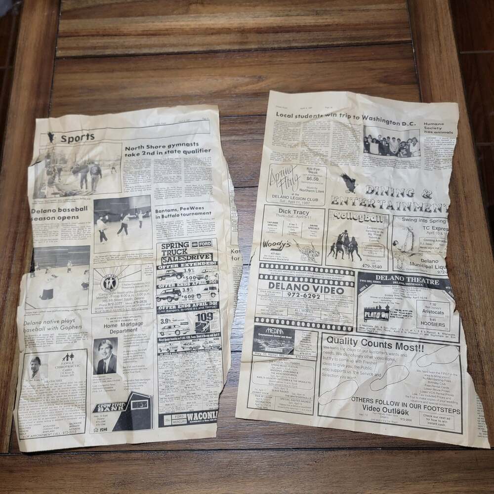VTG 2 Pages Delano Eagles Crow River News - April 4th 1987, Delano, Minnesota